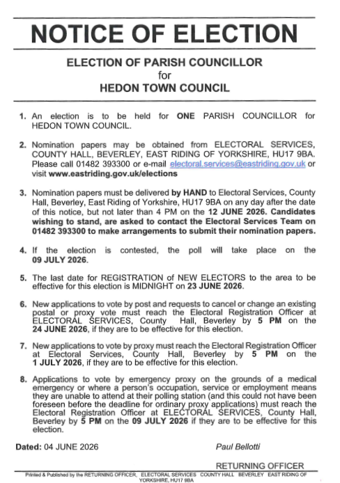 NOTICE OF ELECTION FOR HEDON TOWN COUNCILLOR